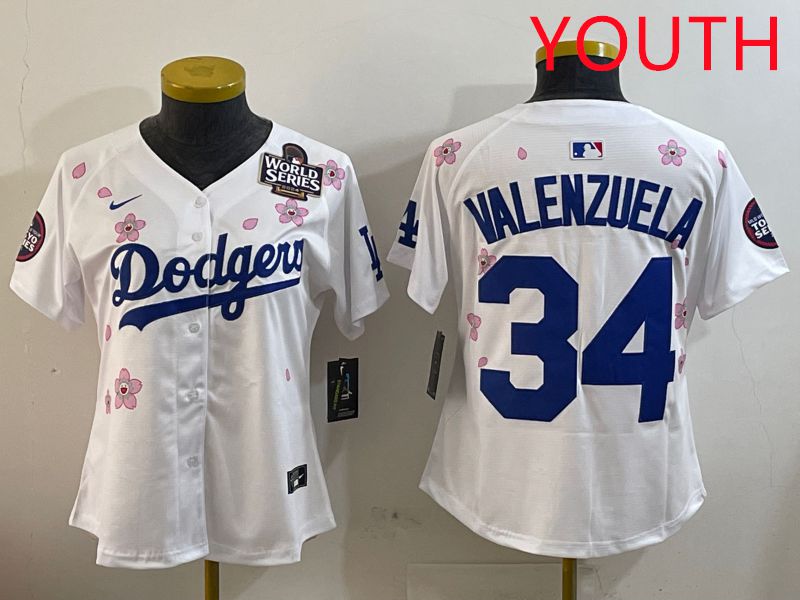 Youth Los Angeles Dodgers 34 Valenzuela White Sakura Edition 2025 Nike MLB Jersey style 2